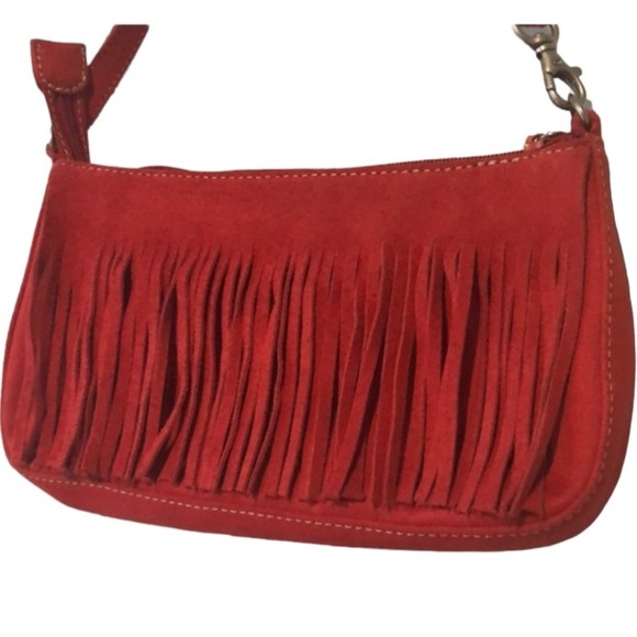 NINE WEST Red Fringed Leather Suede Small Size Handbag Measurements Below NEW - Picture 4 of 14